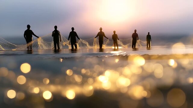 Row of faceless silhouettes standing side by side pulling nets, soft out-of-focus waves sparkling below, unity and hard work, with copy space