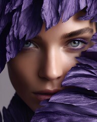 Luxury advertising image of a female model in close-up, half her face hidden by elegantly textured purple monstera leaves. Her sharp gaze is directed directly into the camera, confident and mysterious