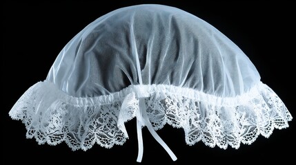 A delicate white lace christening bonnet with intricate patterns and soft ribbon ties, set against a stark black background.