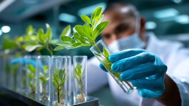 Selective focus on tiny leaves inside glass tubes, faceless scientist blurred in the distance analyzing growth patterns, with copy space