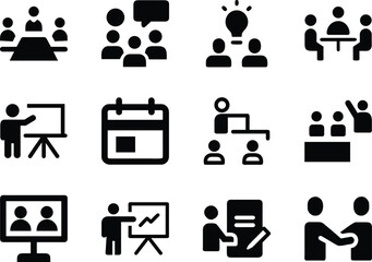 Corporate meeting solid icon set for teamwork, discussion, office collaboration and business planning.