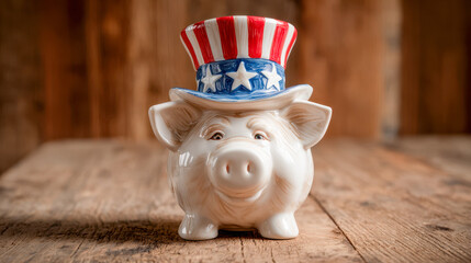 Ceramic piggy bank wearing a festive red, white, and blue star-spangled hat sitting on rustic wooden surface with soft blurred background