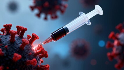 A vaccine syringe virus red spike protein medical research injection pandemic immunity healthcare laboratory macro science needle disease outbreak medicine prevention biology pathogen treatment germ - Powered by Adobe