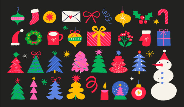 Colorful retro Christmas icons collection. Snowman, Christmas trees, ornaments and other holiday elements set.