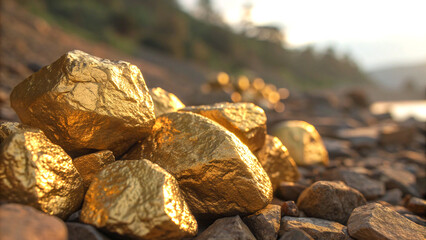 Shiny golden rocks close up