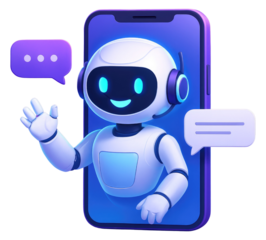 Cute 3D Robot Chatbot Emerging from a Smartphone Screen artificial intelligence isolated on a transparent background