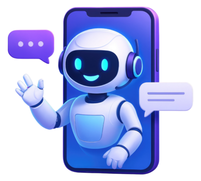 Cute 3D Robot Chatbot Emerging from a Smartphone Screen artificial intelligence isolated on a transparent background