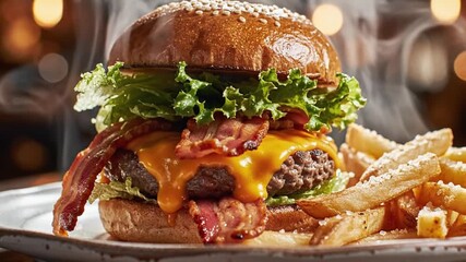 Gourmet bacon cheeseburger overflowing with melted cheese and crisp lettuce, paired with seasoned french fries, a perfect fastfood indulgence animated 4k video