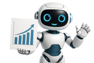 Cute cartoon robot holding a bar chart with an upward trend on white background artificial intelligence isolated on a transparent background