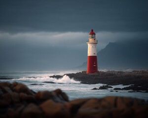 Obraz premium Weathered lighthouse glowing beneath storm cloud wave crash against rocky coast authentic teaching moment realistic human expression natural soft lighting shallow DOF cinematic tone photorealistic