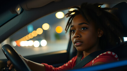 Close-up shot of afro descendant girl driving at night