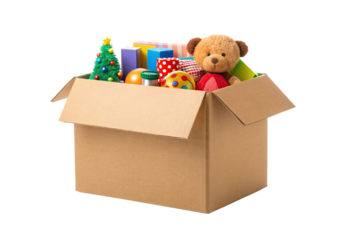 Open cardboard box with Christmas toys, teddy bear, ornaments, festive collection display, isolated on a transparent background
