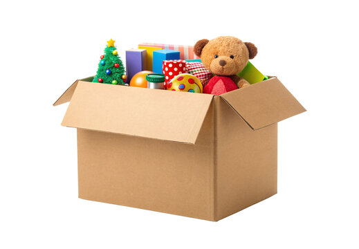 Open cardboard box with Christmas toys, teddy bear, ornaments, festive collection display, isolated on a transparent background