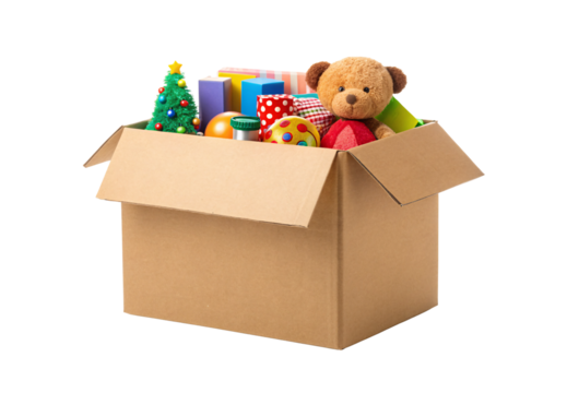 Open cardboard box with Christmas toys, teddy bear, ornaments, festive collection display, isolated on a transparent background