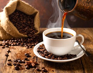 Freshly brewed coffee pouring into a white cup, alongside roasted beans, and burlap bag
