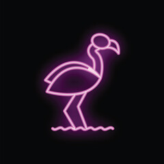 Neon pink flamingo standing on a black background
