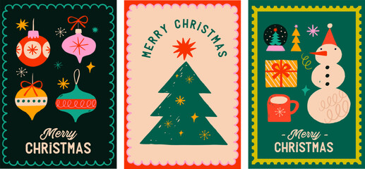Retro geometric vertical Merry Christmas banner, winter poster and greeting card design.