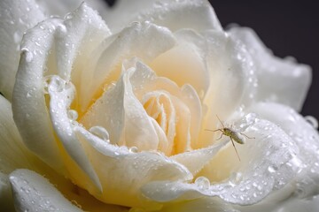 Fototapeta premium Dew-Kissed Ivory Rose - Delicate Petals and Tiny Insect in Soft Light.