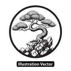 Intricate black and white illustration of a traditional Japanese bonsai tree on rocks within a serene circular emblem