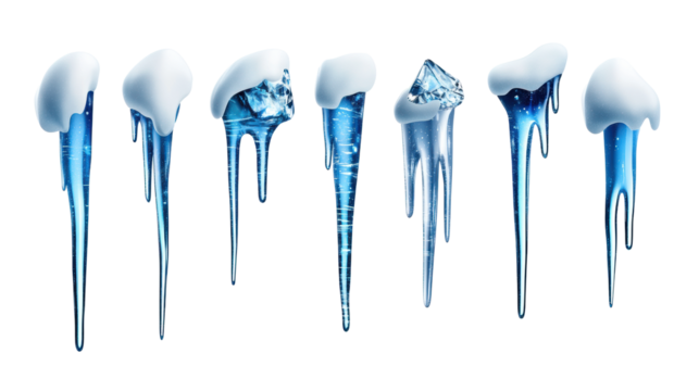 Transparent Icicles with Snow Caps on Transparent Background