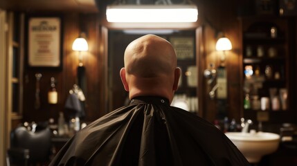 A bald man sits in a barber's chair, wearing a black cape. The background features vintage decor and a well-lit mirror, creating a classic barbershop atmosphere.