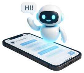 Cute robot with speech bubble saying HI emerging from a smartphone screen artificial intelligence assistant isolated on a transparent background