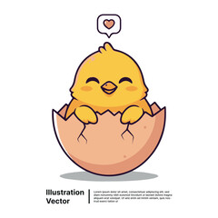 Cute Little Chick Hatching out of Egg with Heart Sign vector illustration