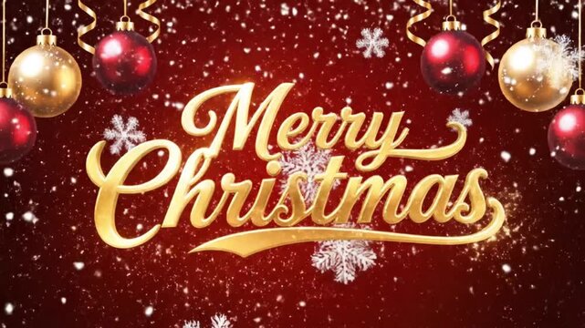 A festive animation featuring the Merry Christmas in an elegant, perhaps scripted golden font, animating smoothly onto the screen. The background is a warm red, decorated with subtle animations.