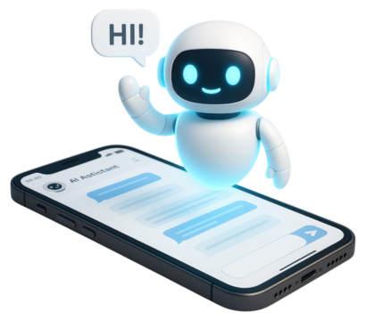 Cute robot with speech bubble saying HI emerging from a smartphone screen artificial intelligence assistant isolated on a transparent background