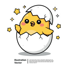 Cute yellow chick hatching from a cracked egg with stars sparkling around, adorable illustration