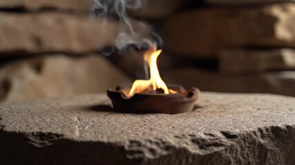Burning Flame in Clay Bowl on Granite Stone with Stacked Rock Background and Rising Smoke in Soft Lighting and Orange Flame