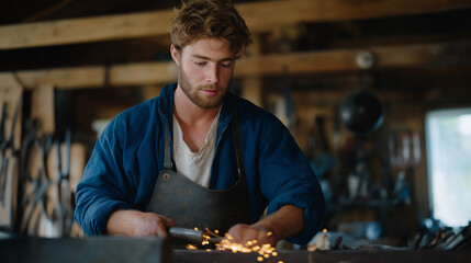 A blacksmith in a rustic workshop reshapes recycled metal into a functional art piece, sparks flying as molten steel takes new form. The scene highlights sustainable craftsmanship, manual labor,