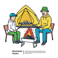 Father and son enjoy a cozy evening camping, roasting delicious marshmallows over a warm campfire in nature