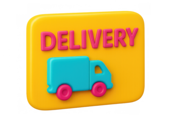 Delivery truck icon 3d rendering with delivery text on rounded yellow plaque, representing shipping and logistics