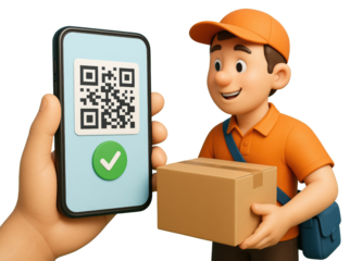 Delivery person holding package and smartphone displaying QR code and checkmark courier parcel isolated on a transparent background