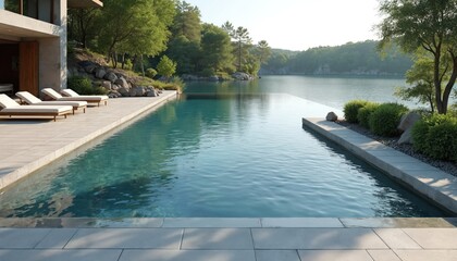 Infinity pool with calm blue water overlooks serene lake surrounded by green trees and rocky hills. Modern house with lounge chairs beside the pool offers a luxurious vacation spot.