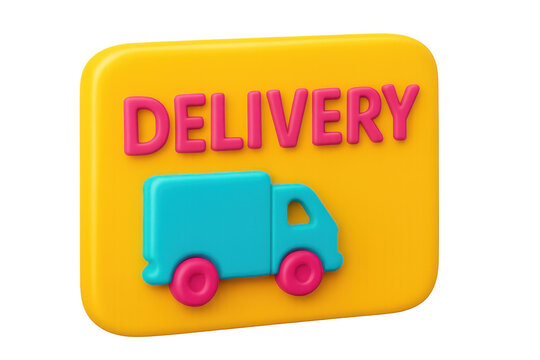 Delivery truck icon 3d rendering with delivery text on rounded yellow plaque, representing shipping and logistics