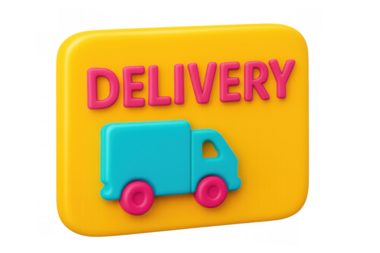 Delivery truck icon 3d rendering with delivery text on rounded yellow plaque, representing shipping and logistics