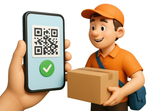 Delivery person holding package and smartphone displaying QR code and checkmark courier parcel isolated on a transparent background