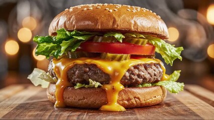 Delicious cheeseburger with pickles, lettuce, tomato, and melted cheese on a sesame seed bun, presented on a wooden board with bokeh background animated 4k video