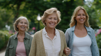 Three generations walking together in the park — celebration of family, shared wellness, and the joy of long, meaningful life built through connection and care. cinematic color correction, natural