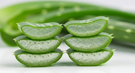 Freshly cut aloe vera plant slices isolated on white background