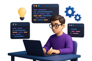 Developer in purple shirt at laptop with code windows, lightbulb, and gears programming coding isolated on a transparent background