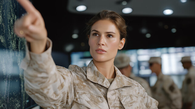 A servicewoman leading a mission briefing in a high-tech operations room, pointing to a glowing digital map while officers gather around her — tactical intelligence, modern defense technology, and