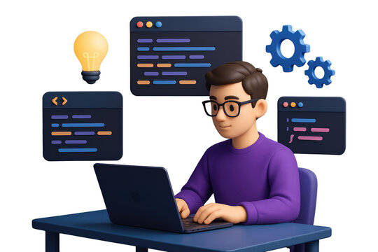 Developer in purple shirt at laptop with code windows, lightbulb, and gears programming coding isolated on a transparent background