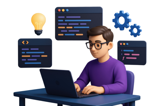 Developer in purple shirt at laptop with code windows, lightbulb, and gears programming coding isolated on a transparent background