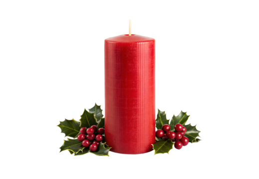 Red candle holly berries greenery Christmas decoration festive seasonal, isolated on a transparent background - Powered by Adobe