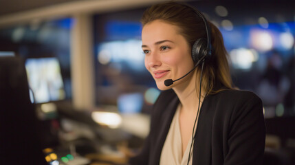 A simultaneous interpreter in a soundproof booth wearing a professional headset, speaking into a microphone while watching a live conference on multiple screens — high-level international