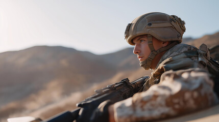 A deployed soldier stepping out of an armored vehicle in a remote desert environment, scanning the horizon with focus as dust swirls around — active-duty mission environment, tactical awareness,