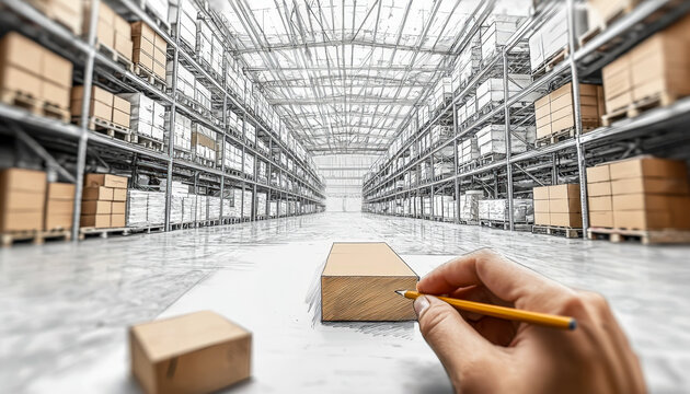 Conceptual sketch of warehouse storage and logistics planning in a modern distribution center